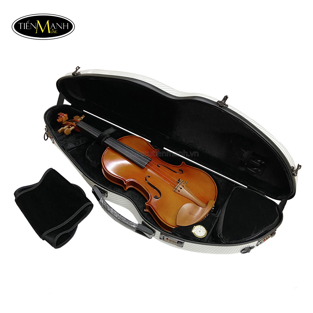 Hộp Đàn Violin Carbon Dáng Vát To Màu Trắng Caro Kẻ Chéo Xám Size 4/4