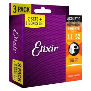 Pack 3 bộ Dây Đàn Guitar Acoustic Elixir 16544 (Cỡ 11-52 Phosphor Bronze - Phủ lớp Nanoweb)
